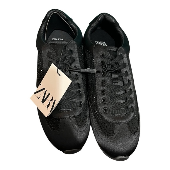 Zara Sneakers Women's Size 6.5 Euro 37 Black Embellished Lace Up Flat NEW - Picture 5 of 7
